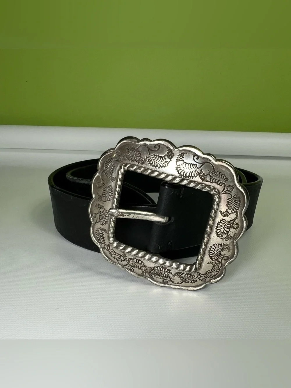 Silpada Italian Leather Black Belt Engraved Silver Western Buckle XL